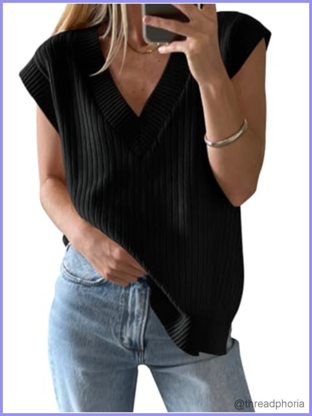 Womens Sleeveless V Neck Sweater Vest Oversized Ribbed Knit Tank Top